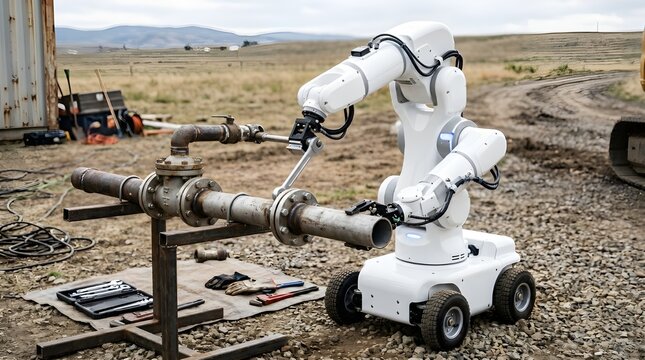 Wheeled robot arm working on large pipes at a construction site robotic arm industrial