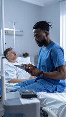 Obraz premium A male nurse in blue scrubs interacts with a hospital patient