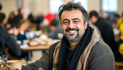 Fototapeta premium Hopeful Man Enjoying a Meal in a Shelter Dining Hall, Portrait of Resilience at Charity Event