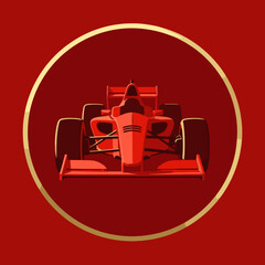Obraz premium Red Formula One Race Car Centered in Gold Circle on Deep Red Background