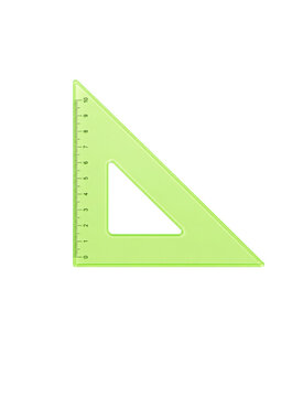 Transparent green triangular ruler with measurement scale isolated on transparent background. Plastic geometry tool for school, mathematics, engineering drawing, architecture, and office use.