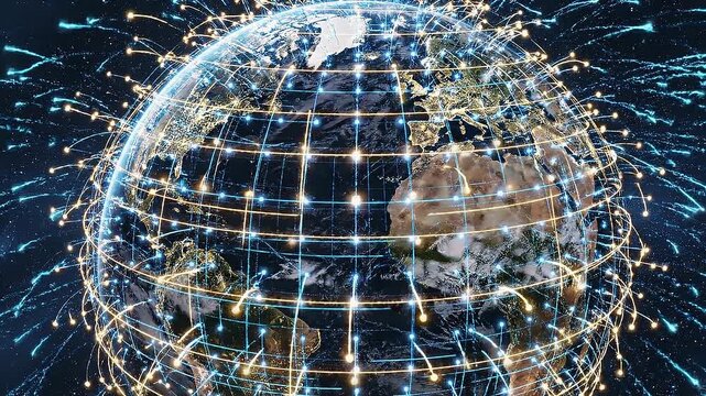 Digital illustration of global network connections and data flow across Earth at night with glowing blue lines