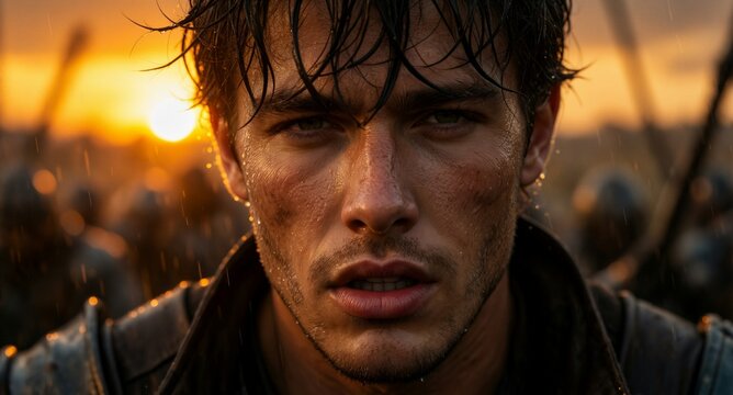 Heroic warrior in rain at sunset, intense gaze, battle-ready stance, cinematic lighting.