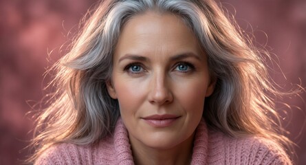 Fototapeta premium Graceful mature woman with silver hair and blue eyes, wearing a soft pink knit sweater, set against a warm, blurred background.