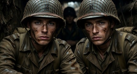 Fototapeta premium Two muddy WWII soldiers in helmets peer intently from a trench, capturing gritty battlefield intensity.