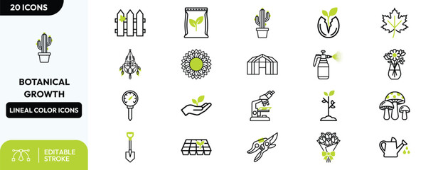 Botanical Growth icon set. Containing greenhouse cactus sprout sunflower shovel fertilizer. Editable stroke. Vector illustration. © Villuiq
