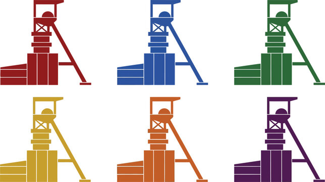 Set of colorful mine headframe illustrations flat vector design elements for industrial concepts isolated on white background