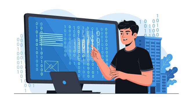 Programmer interacting with binary code on a large screen and laptop