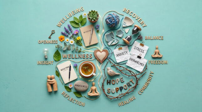 Creative collage about healing, mindfulness, anxiety recovery, and community support.
