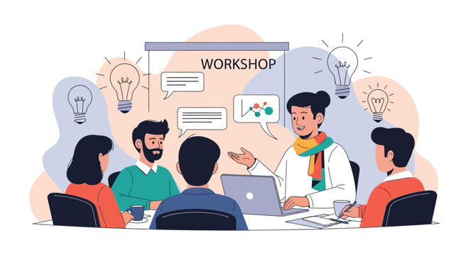 Teamwork brainstorm session with ideas and charts in a modern workshop setting.