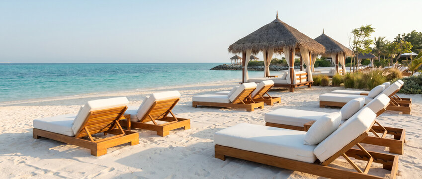 Luxury tropical beach resort with empty wooden sun loungers and thatched cabanas on white sand by the turquoise sea. Summer vacation and travel destination concept banner.