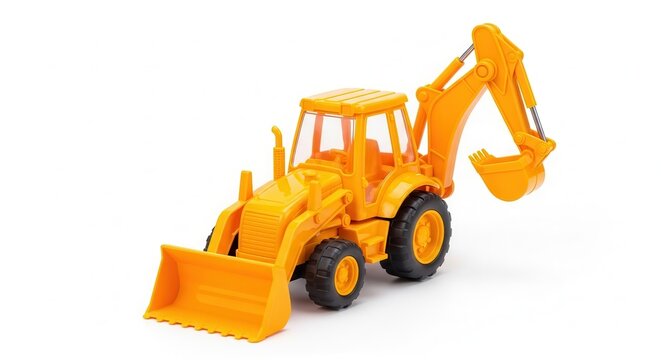 Bright yellow toy backhoe loader with articulated arm and front loader on a white background.