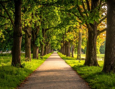 Serene tree lined pathway in park.