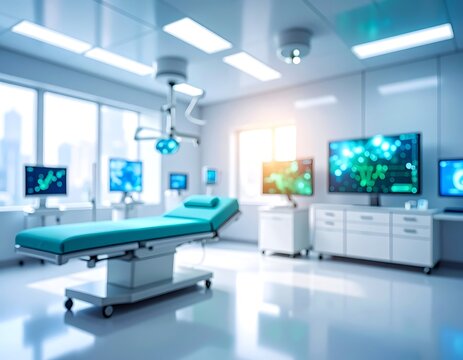 A modern, well-equipped medical room with a hospital bed and several computer monitors displaying vital signs