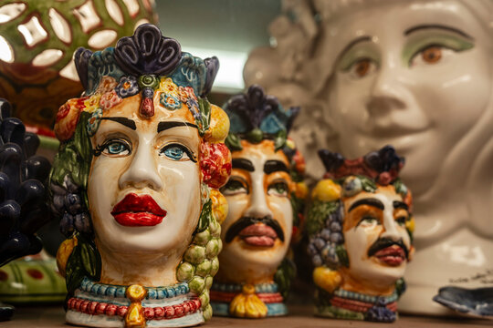 ceramic Moor heads, Kasbah of Mazara del Vallo &ndash; Arab quarter, free municipal consortium of Trapani, Sicily, Italy, Europe