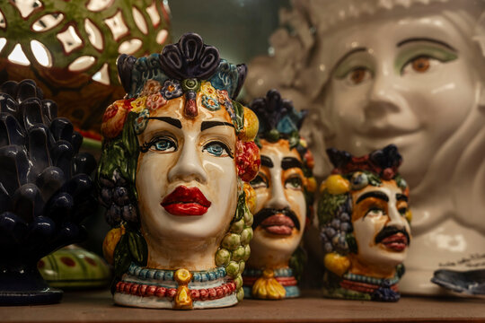 ceramic Moor heads, Kasbah of Mazara del Vallo &ndash; Arab quarter, free municipal consortium of Trapani, Sicily, Italy, Europe