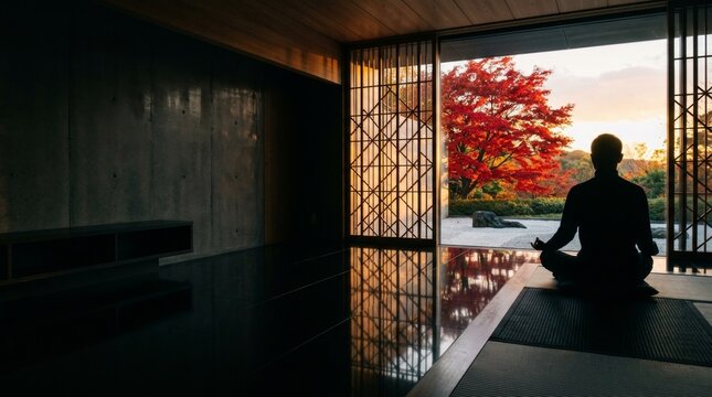 Serene Zen Garden Meditation with Autumn Maple Tree View