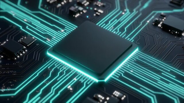 Glowing Microchip on Circuit Board Technology Background