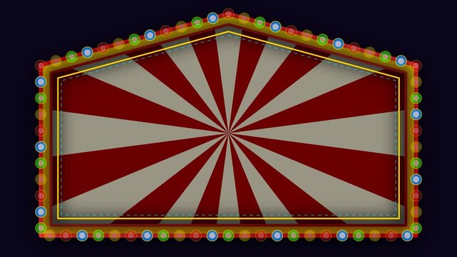 Vintage carnival big top retro marquee frame with candy red borders and 4-phase flashing colored bulbs.