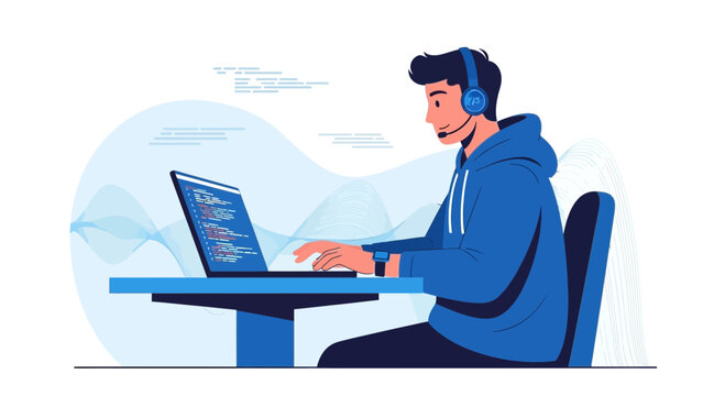 Young programmer in hoodie and headphones coding on laptop at desk