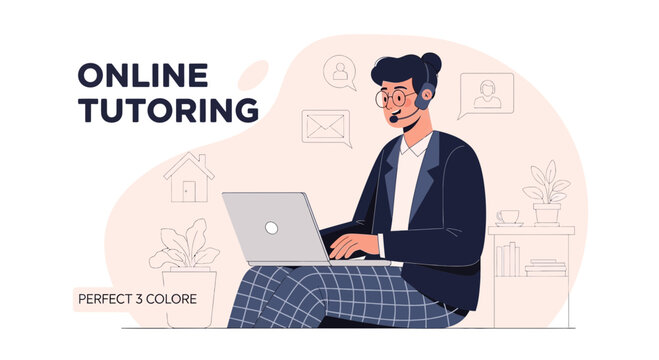 Young man with headset and laptop for online tutoring, remote education concept