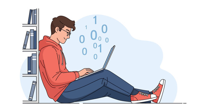 Young man coding on laptop, surrounded by books and binary code