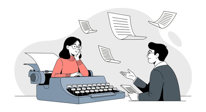 Writer's block: Woman frustrated at typewriter, man offers ideas, flying papers