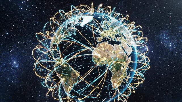 Business network growing across the globe concept. Global network connections concept with glowing lines around Earth showing digital communication and technology