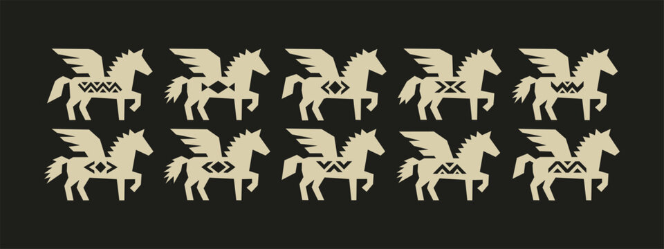 Set of ten geometric pegasus winged horse silhouettes with tribal patterns on dark background