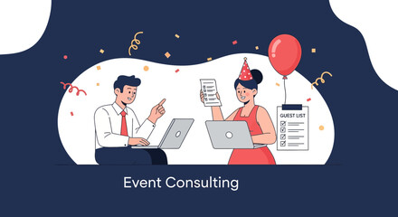 Naklejka premium Event planning team, logistics, guest list management, conference, party consultation
