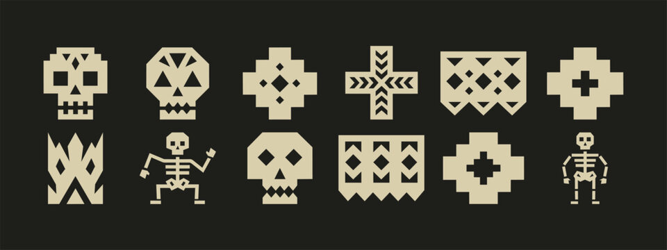 Geometric pixel art skull and skeleton icon set with tribal patterns on dark background
