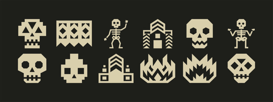 Set of geometric pixel art skull skeleton and fantasy dungeon icons for game design