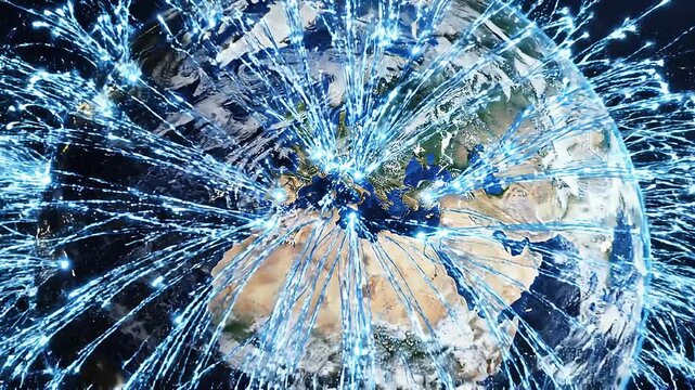 Business network growing across the globe concept. High resolution satellite view of Earth focusing on Europe Middle East and North Africa with cloud patterns and ocean details