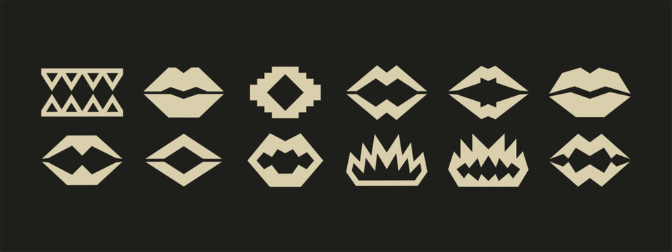 Geometric Abstract Mouth and Sharp Teeth Icons Set Minimalist Vector Design Elements on Dark Background
