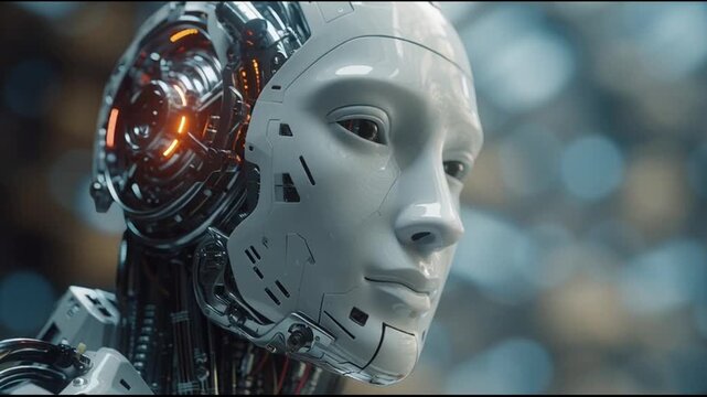 Robot head with glowing orange eye.