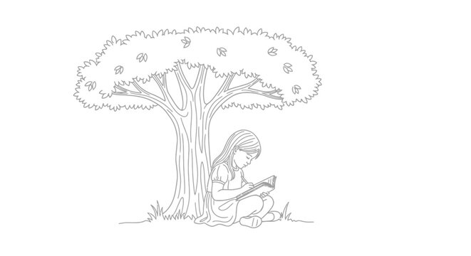 Young girl reading a book under a large tree sketch.