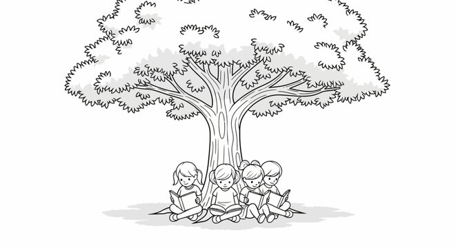 Children reading books under a large shaded tree illustration.