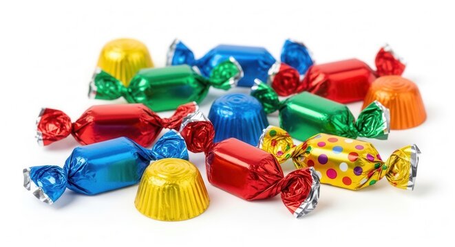 Assortment of colorful foil-wrapped candies and chocolates on a white background.