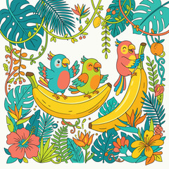 Obraz premium Vector Illustration of Tropical Birds on Bananas in Modern Organic Style with Bright Color Palette