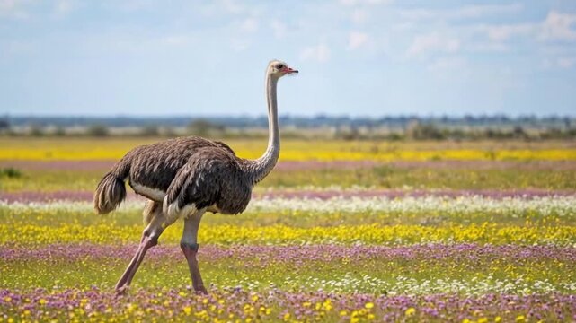 A large ostrich walks across a colorful wildflower meadow under bright daylight, showcasing graceful movement and natural wildlife beauty in an open grassland habitat