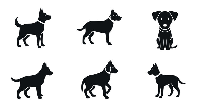 Set of diverse dog breed silhouettes, featuring a variety of poses and breeds in black and white for graphic design and illustration purposes