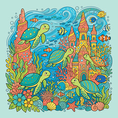 Obraz premium Vector Illustration of Underwater Scene with Sea Turtles and Coral in Bright Colors in Modern Organic Style