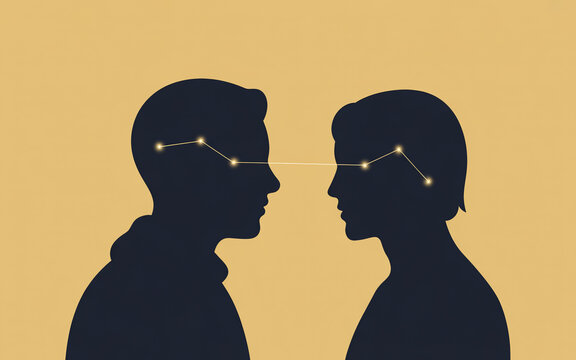 Two human silhouettes facing each other with glowing constellation stars connecting their minds on a solid beige background design