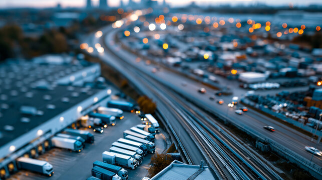 Aerial view of a large distribution and logistics center with trucks operating at loading docks and organized warehouse operations visible from above, representing road freight and