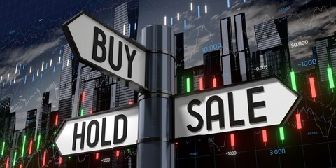 Fototapeta premium Buy, Hold, Sale - Signpost with Three Arrows - 3D illustration