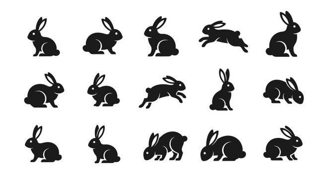 Various Rabbit Silhouettes Set - Collection of Black Bunny Icons and Vector Hares in Different Poses for Design Projects and Wildlife Themes