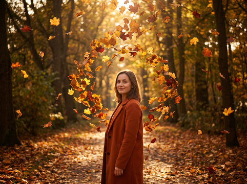 A woman standing in an 
autumn park as falling leaves rise upward 
in a spiral around only her while 
leaves fall normally everywhere else