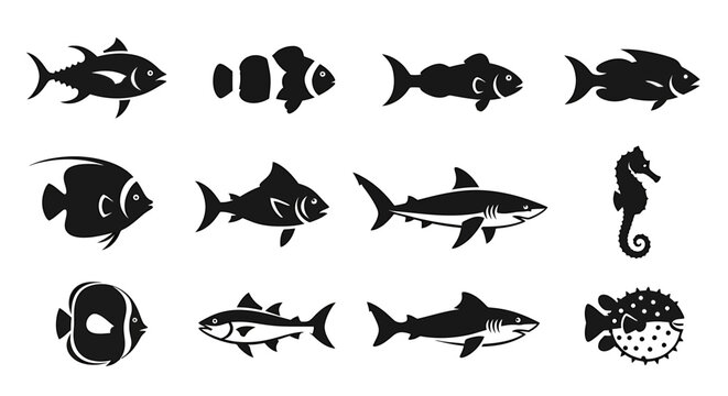 Assortment of Black Fish Silhouettes and Marine Creature Icons - Vector Collection for Aquatic Themes and Ocean Design Projects
