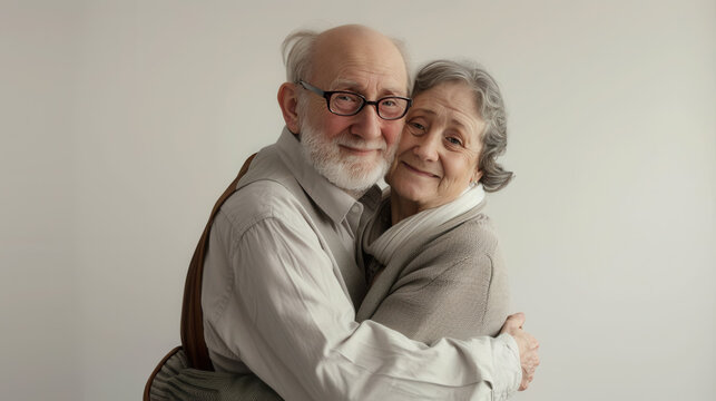 Joyful retired couple sharing warm embrace with playful and loving expressions