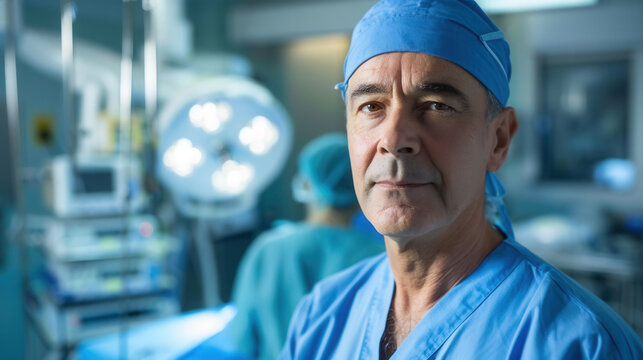 Professional doctor in surgical uniform standing confidently inside hospital room